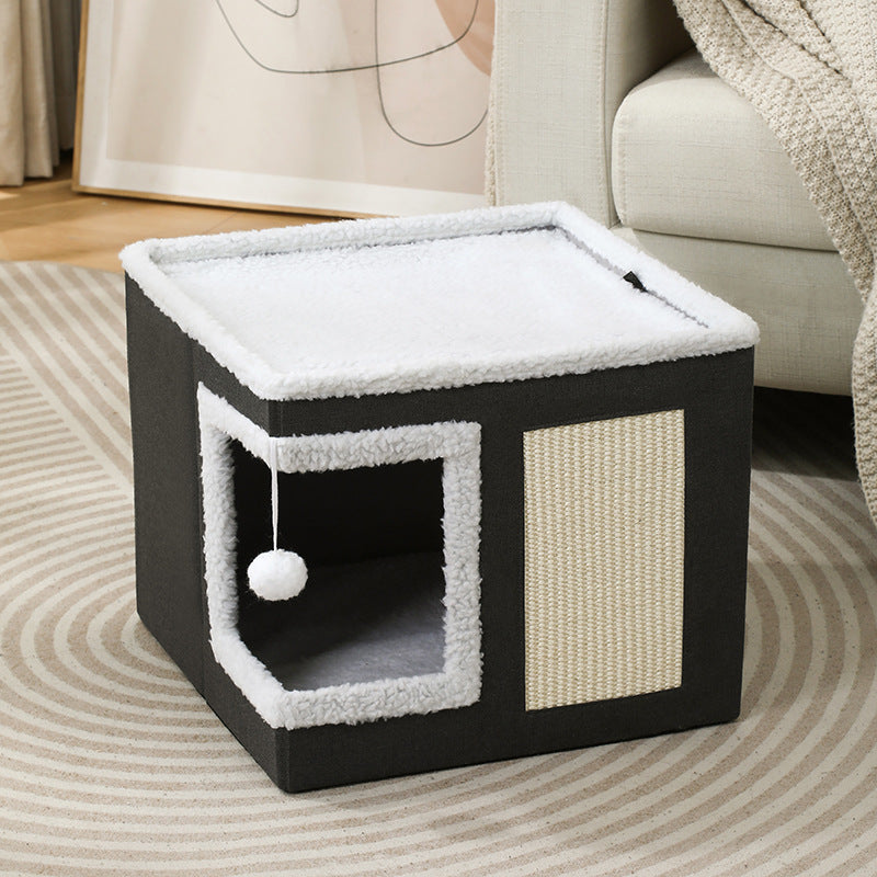 3-in-1 Cat Bed Stool with Scratcher, Hideaway & Toy