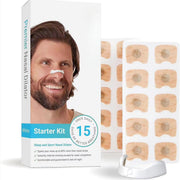 Bearded man smiling with white nasal dilator on his nose, packaging box showing Premiet Nasal Dilator Starter Kit with teal accent band