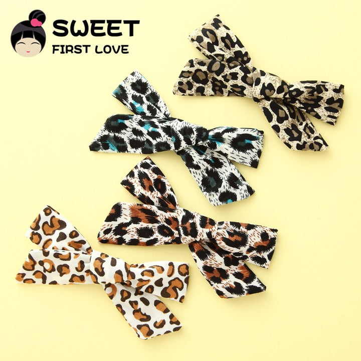 Girls Leopard Hair Clips, 5-Piece Soft Fabric Bow Set