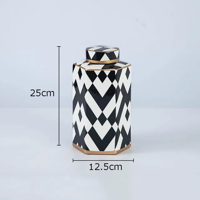 Black and White Geometric Ceramic Storage Jar with Lid