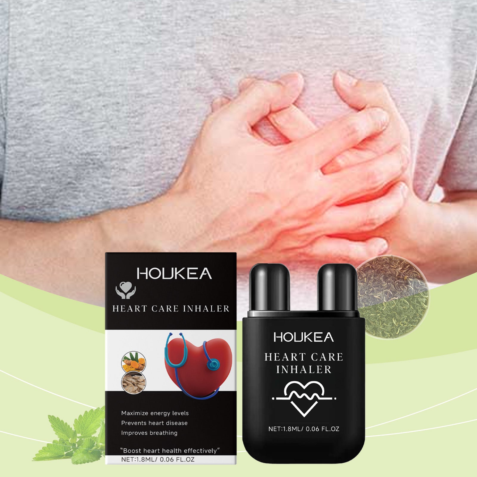 Closeup of hands held to chest showing heart pain relief with product packaging and natural herb ingredient closeup on green background