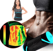 Composite hero image showing a fit woman wearing the blue-trim waist trimmer belt, a thermal imaging inset proving heat concentration at the core, and a muscular male torso glistening with sweat alongside a rolled-up blue belt