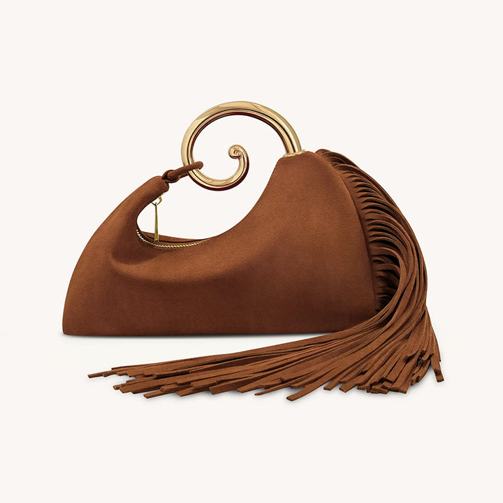Women's Suede Handbag with Gold Spiral Handle & Fringe