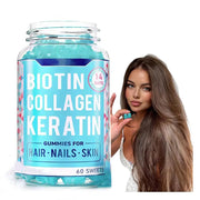 Turquoise jar of Biotin Collagen Keratin gummies displayed next to woman with long, glossy, healthy brown hair