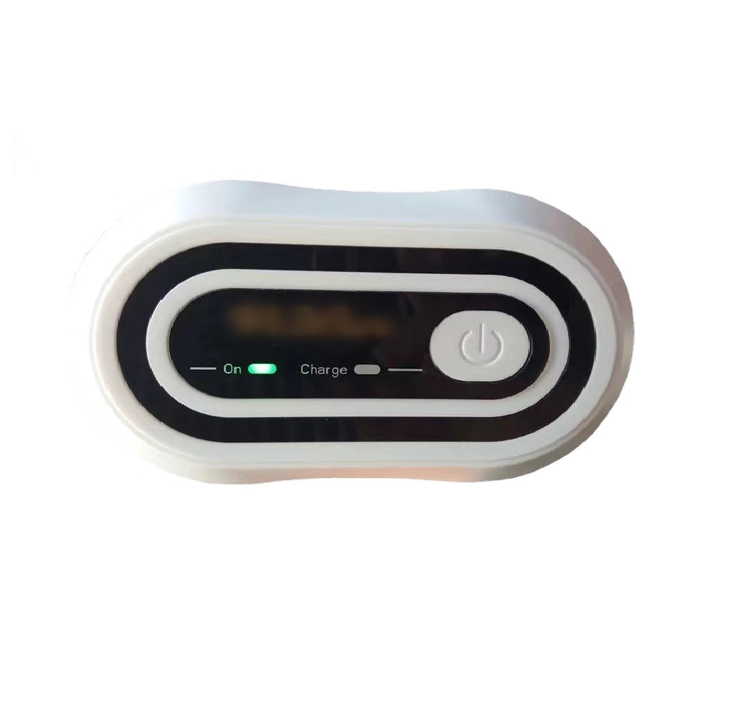 Top-down view of white and black variant showing rounded oval shape, control panel with On/Charge indicators and power button