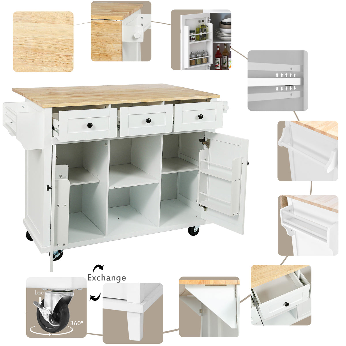 Rubber Wood Kitchen Island Cart with Drop Leaf Extensions