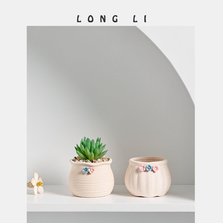 Cream Ceramic Succulent Pot with Pink Flower Accents