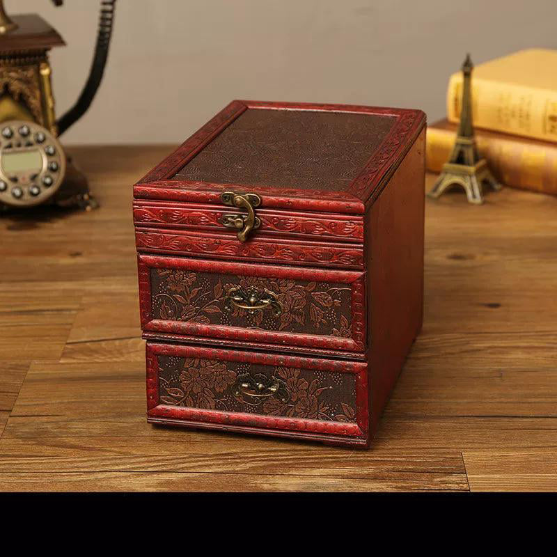 Vintage Wooden Jewelry Box with Brass Latch and Drawers
