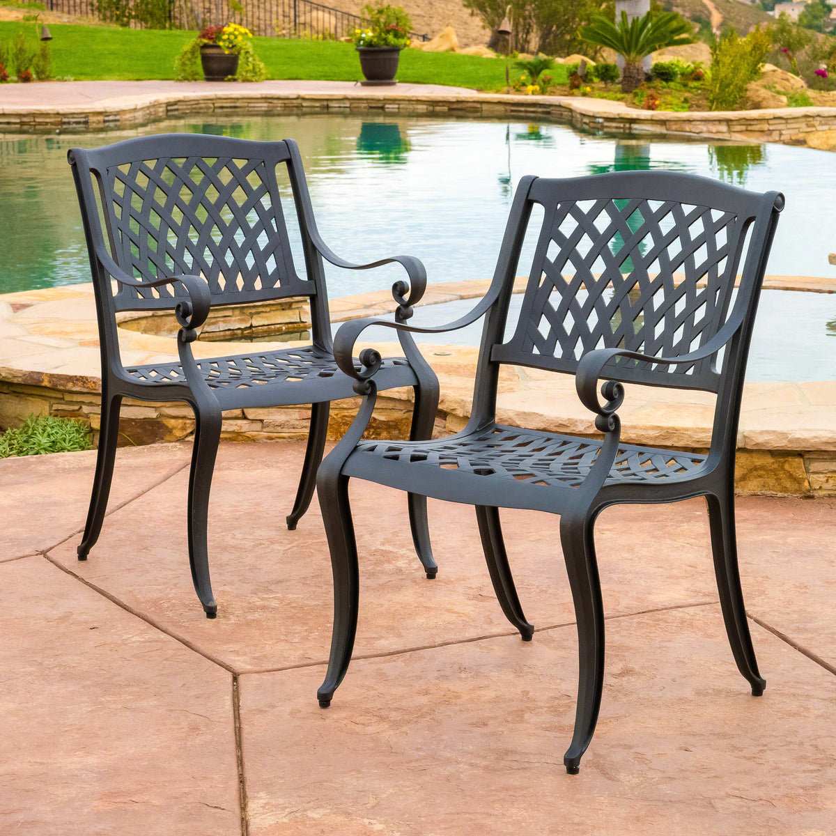 Cast Aluminum Outdoor Dining Chairs Set of 2 Charcoal