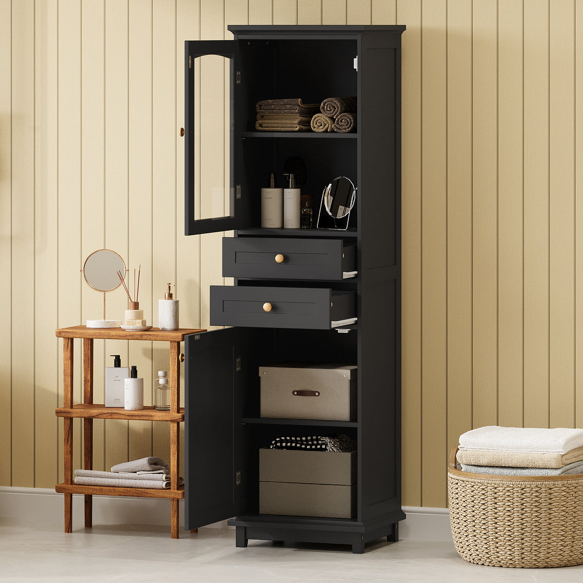 Tall Bathroom Storage Cabinet with Glass Door and Drawers