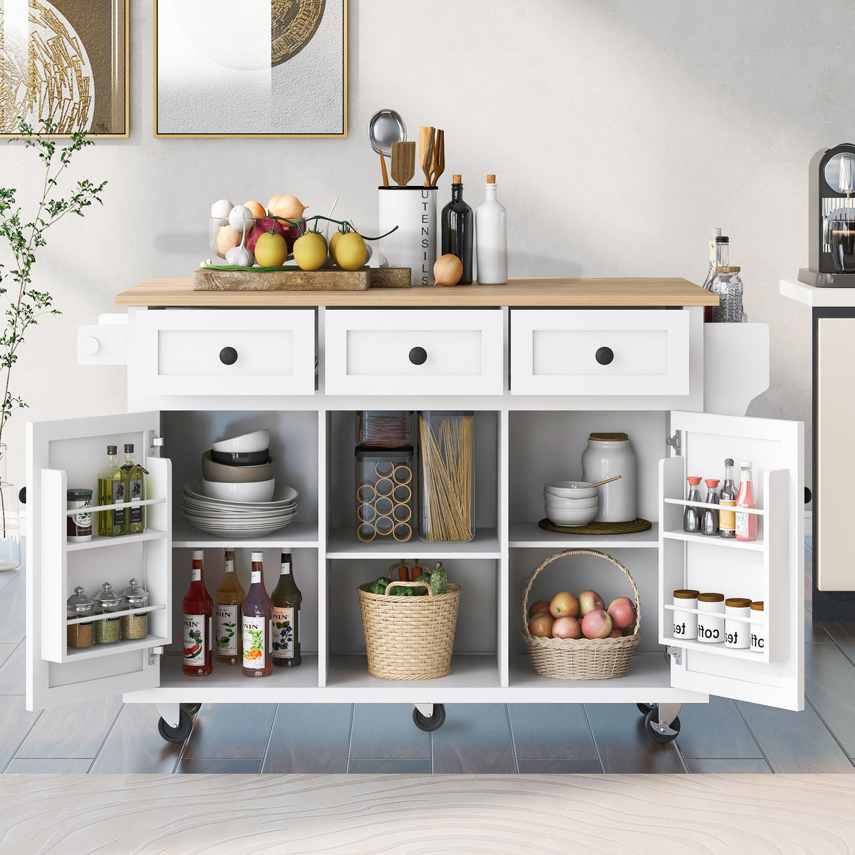 Rubber Wood Kitchen Island Cart with Drop Leaf Extensions