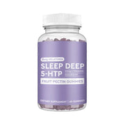 Sleep Deep 5-HTP melatonin gummies in clear glass bottle with white cap against white background