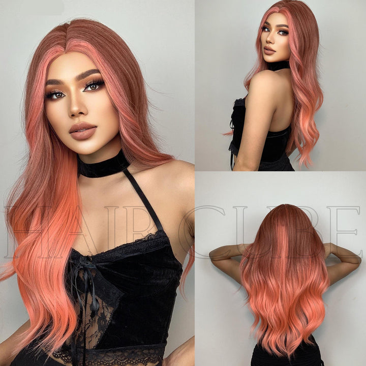24-Inch Orange Pink Wig for Long, Wavy Glamour Looks