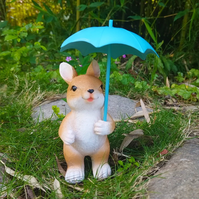 Garden Bunny Figurine with Teal Umbrella for Patio Decor