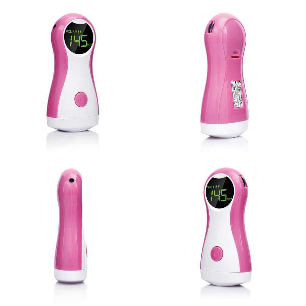Four angles of pink fetal doppler showing front, back, side, and bottom views with product label visible
