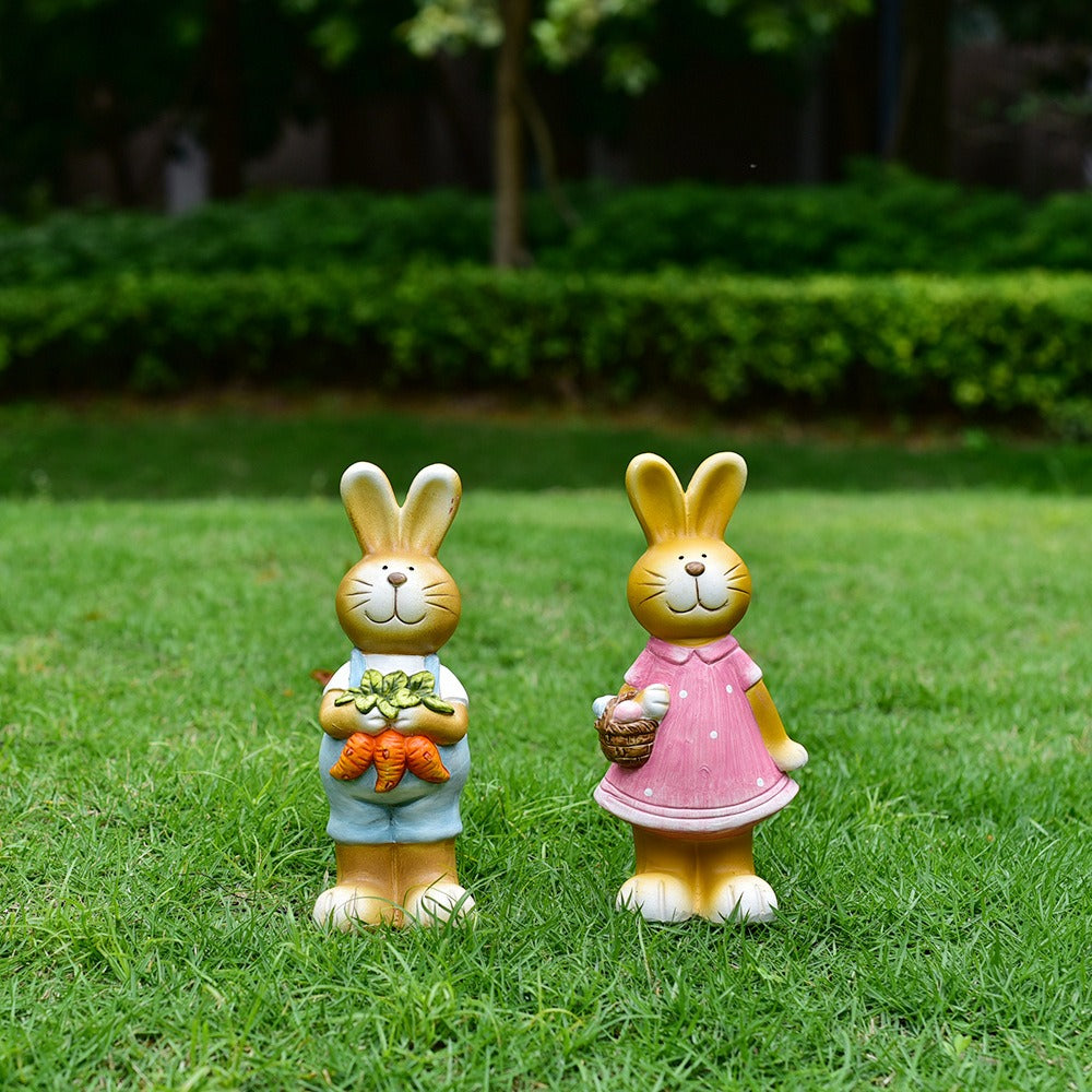 Ceramic Bunny Garden Statues Pair for Easter Lawn Decor