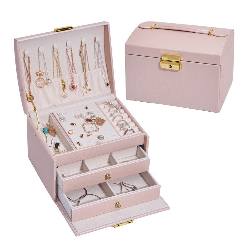 Leather Jewelry Box with Lock, 3-Layer Storage Case