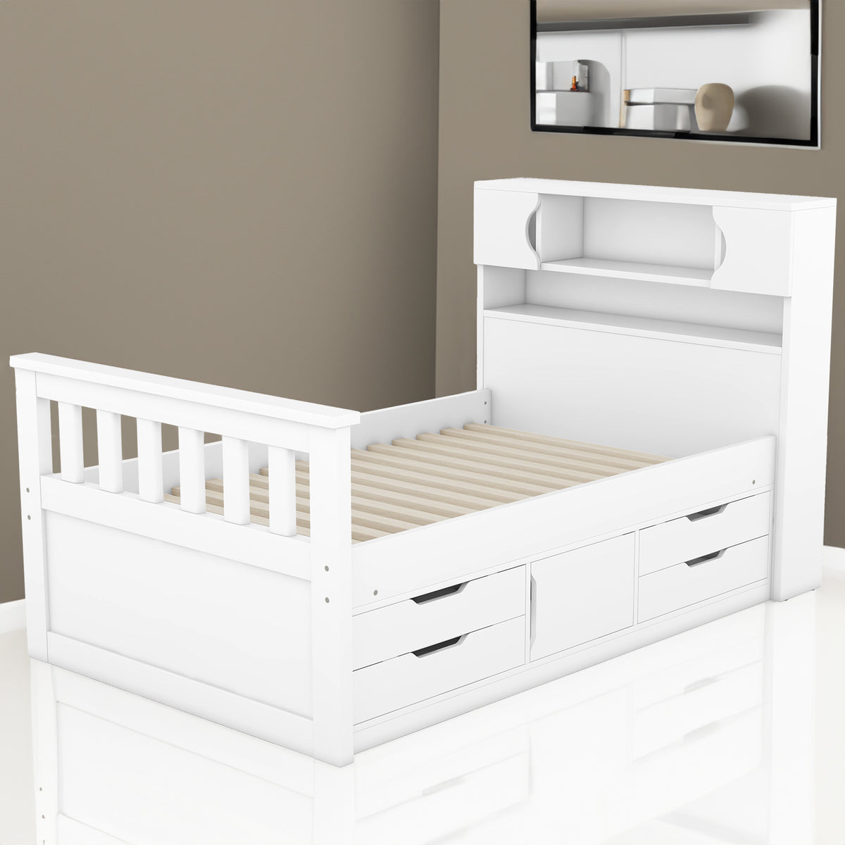 Twin Platform Bed with Bookcase Headboard and Drawers