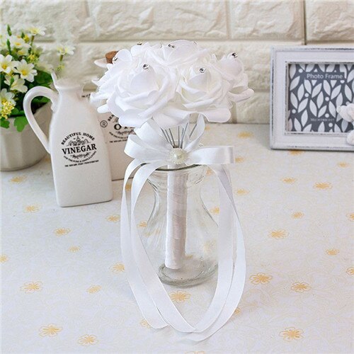Artificial Wedding Bouquet With Crystal Rose Centers