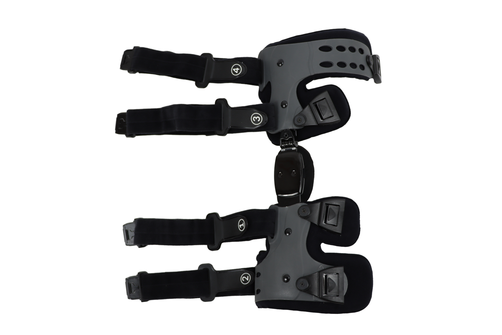 Flat-lay disassembled view showing upper and lower brace components with hinged connector piece and individual strap details