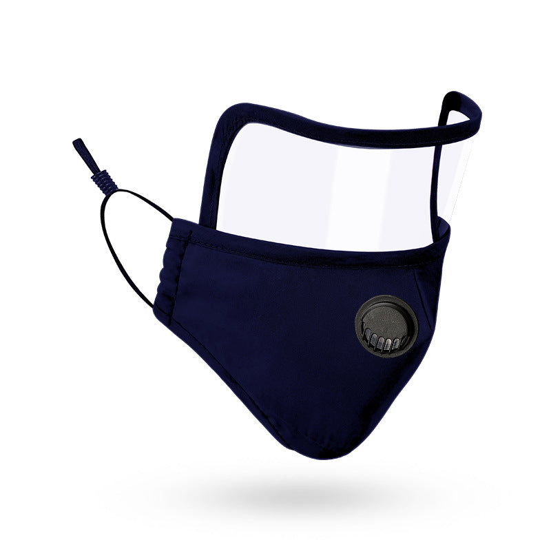 Navy blue Lens Mask with clear eye shield and black breathing valve on white background