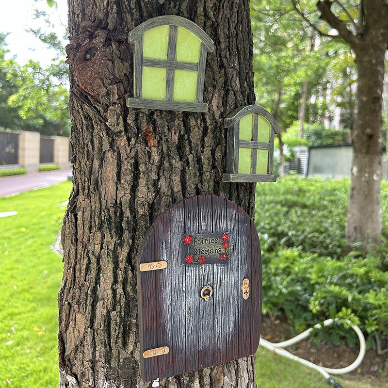 Fairy Door Tree Decor with Glowing Windows for Gardens