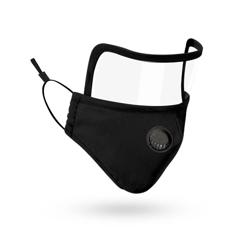 Jet black Lens Mask with integrated clear eye shield and black breathing valve on white background