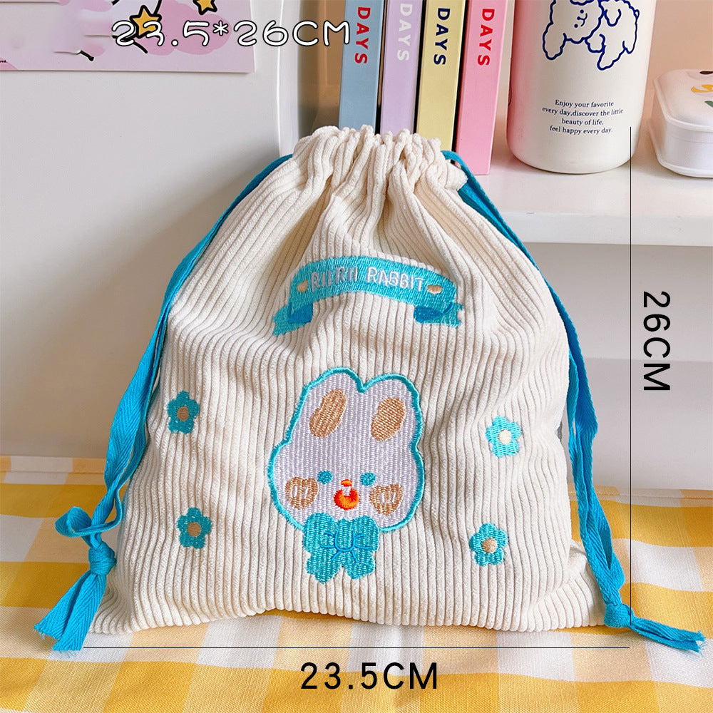 Embroidered Corduroy Drawstring Pouch for Small Items
