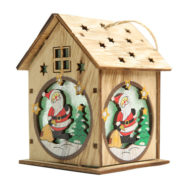 Wooden Christmas House Ornaments With Warm LED Glow
