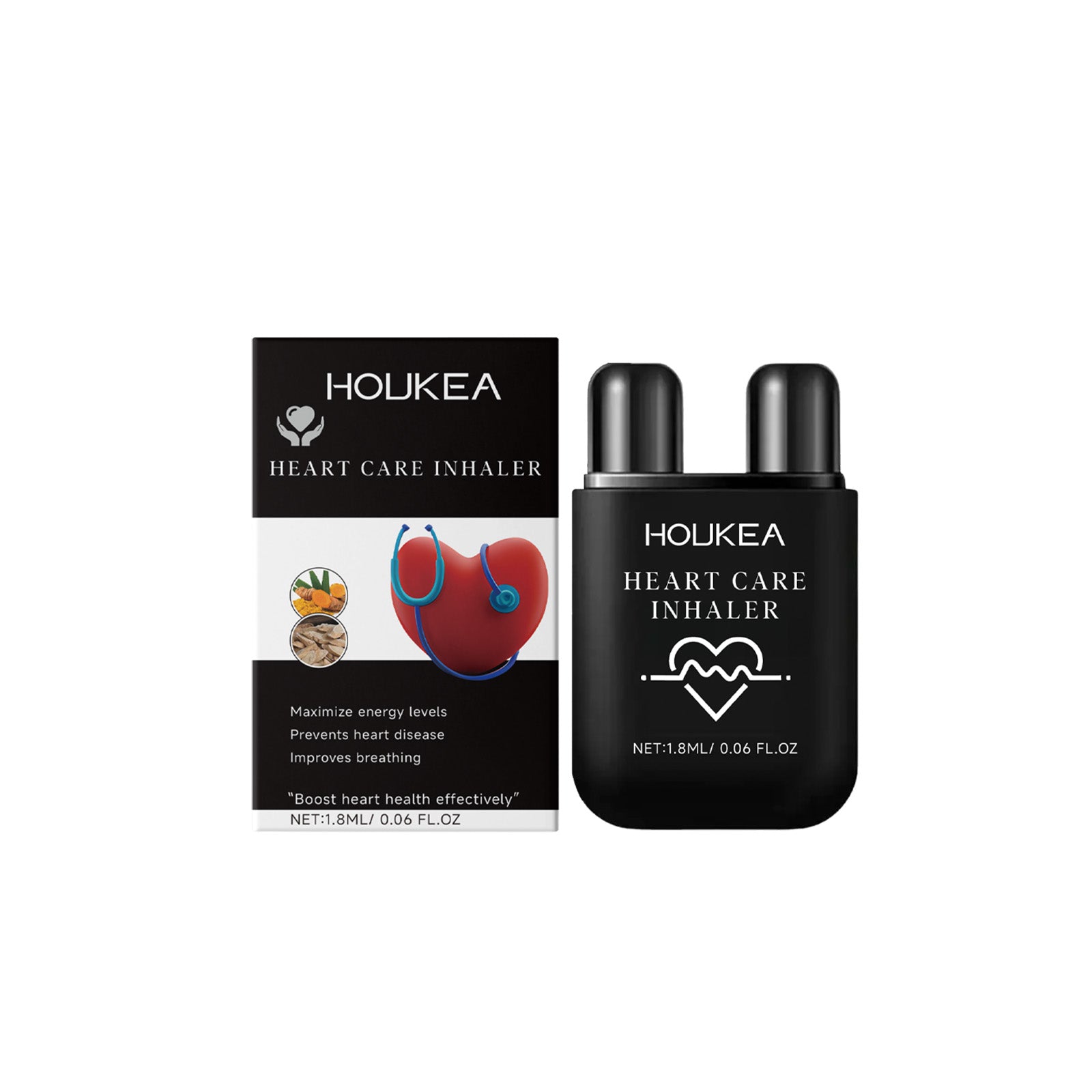 HOUKEA Heart Care Inhaler packaging and dual-pod product displayed together against white background
