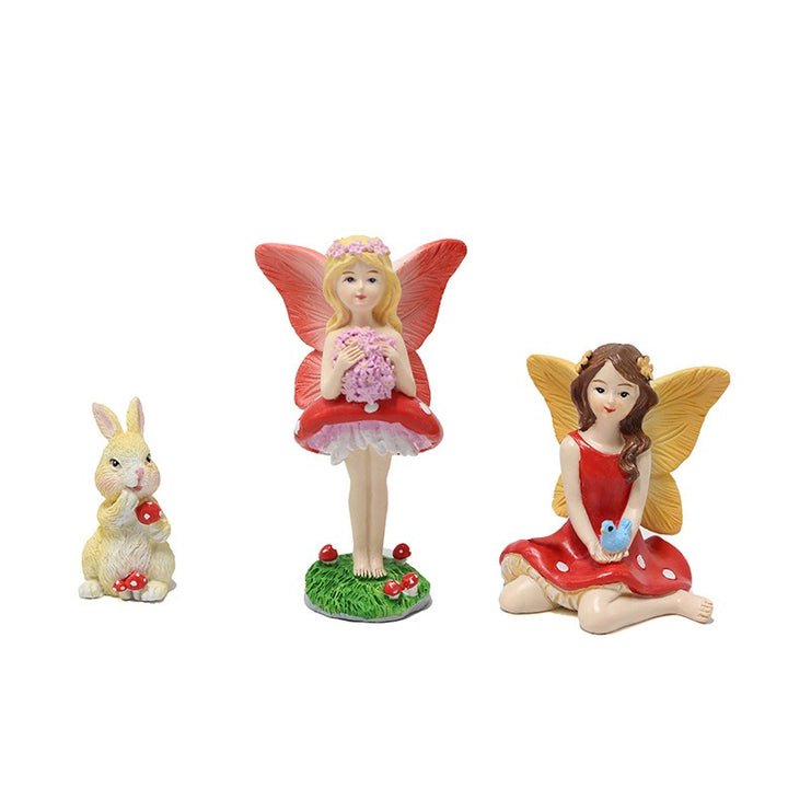 Hand-Painted Resin Fairy Garden Statues With Mushroom Caps