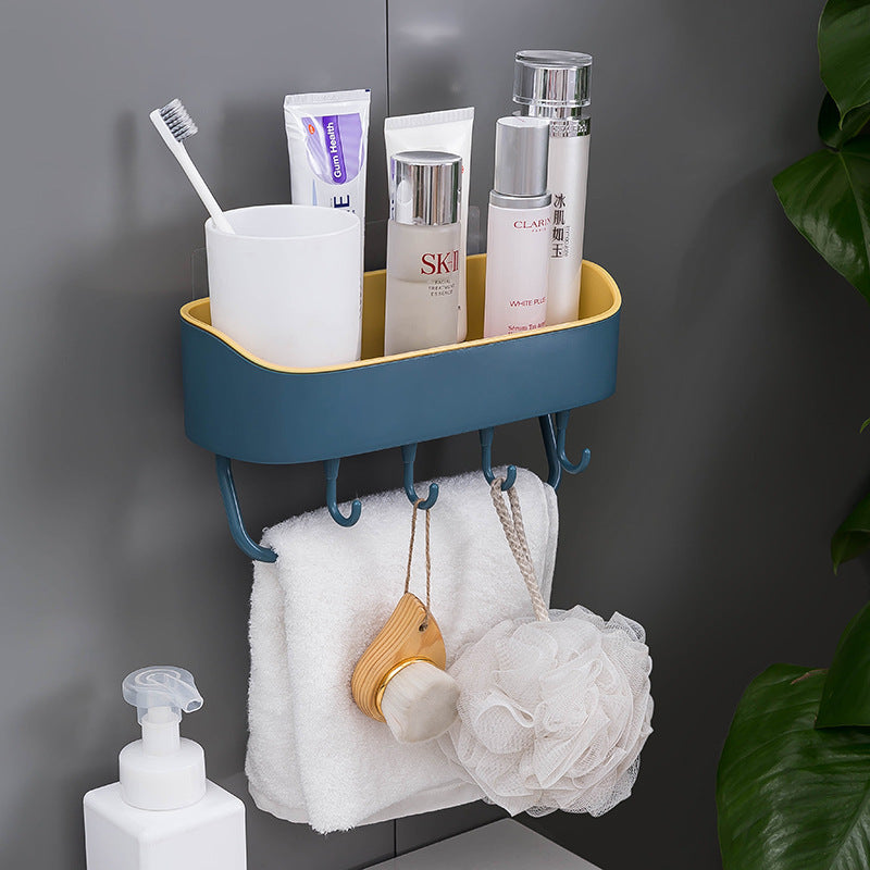 Punch-Free Bathroom Wall Shelf with Hooks and Towel Bar