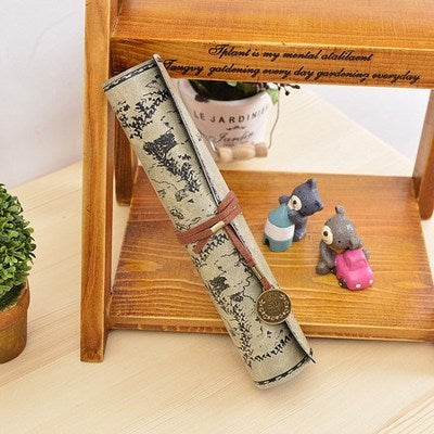 Retro Leather Pencil Case Roll-Up with Vintage Map Print