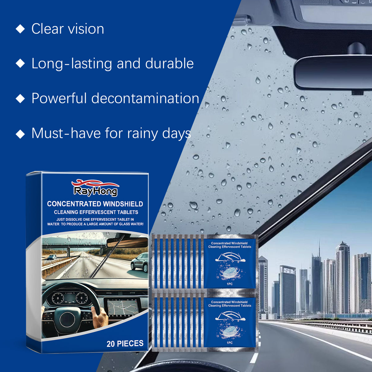 Windshield Cleaning Tablets for Clearer Rainy Drives