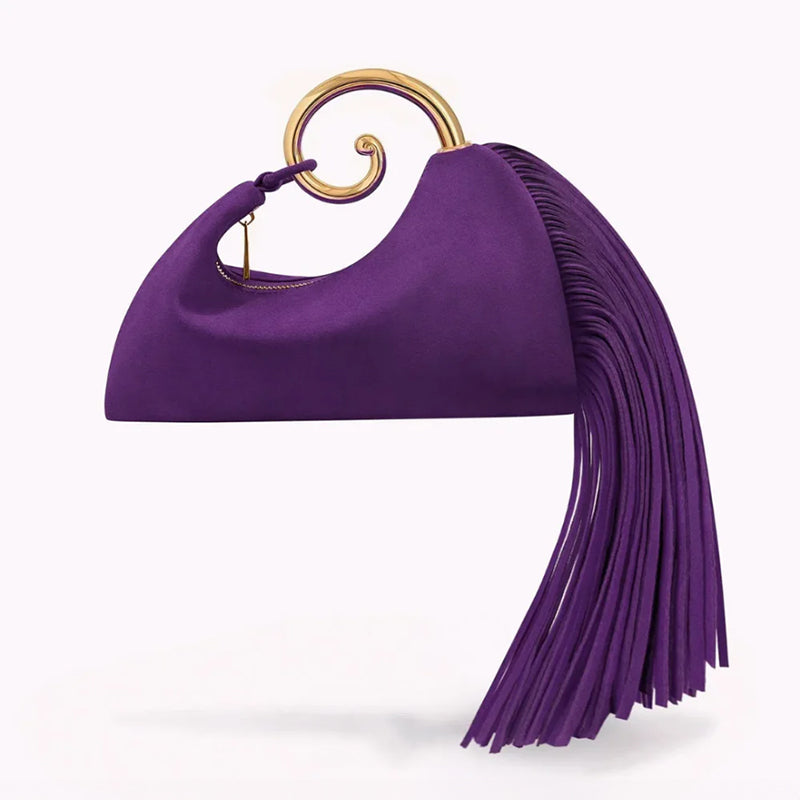 Women's Suede Handbag with Gold Spiral Handle & Fringe