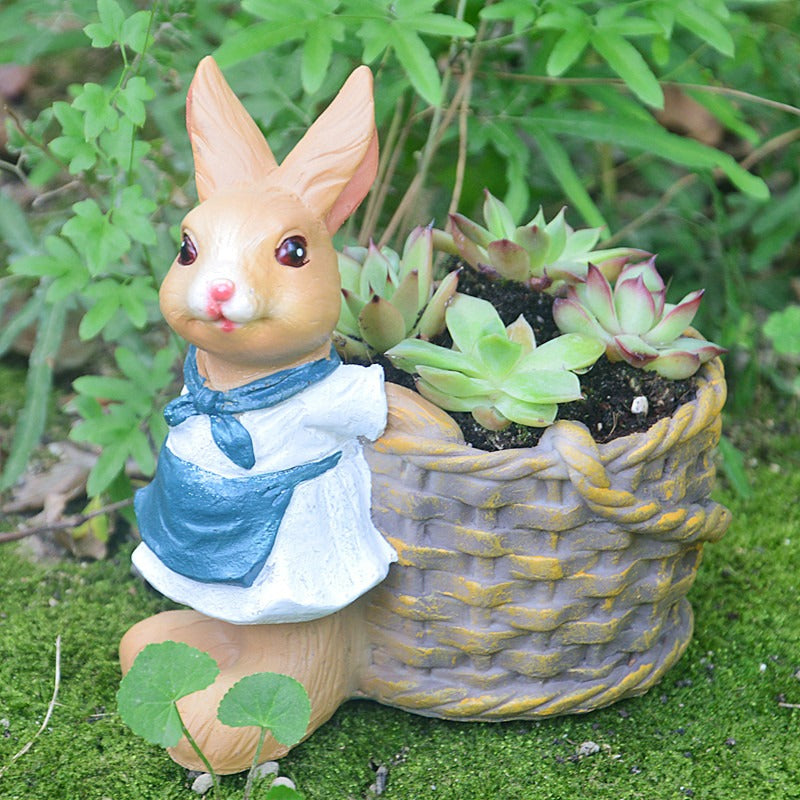 Rabbit Succulent Planter with Cart, Hand-Painted Resin