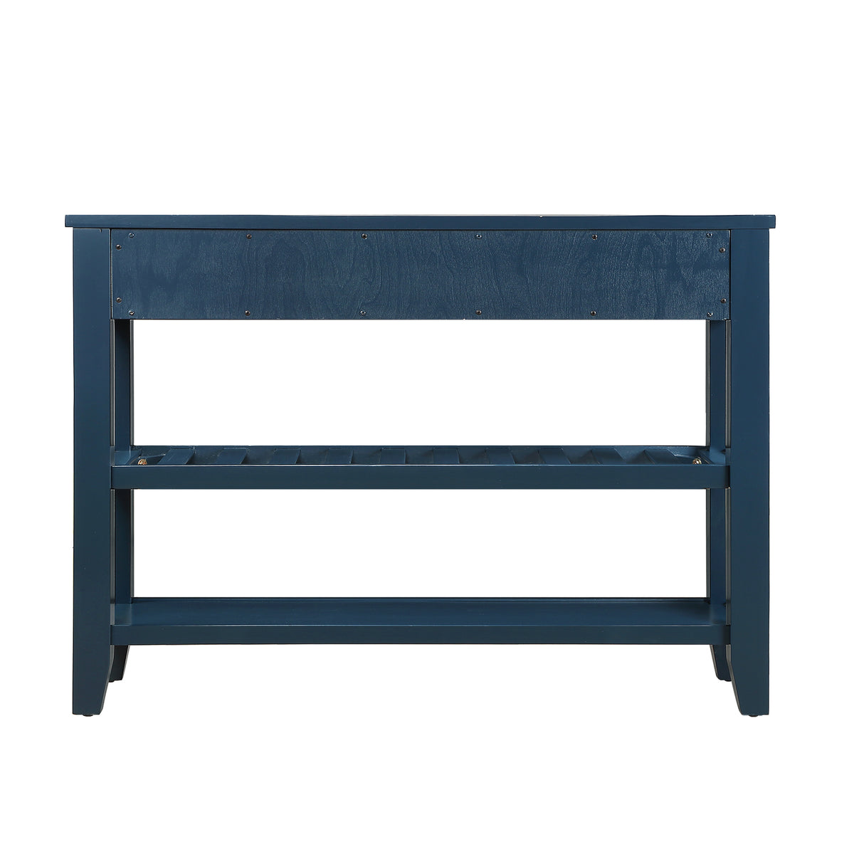 Navy Mid-Century Console Table with Drawers and Shelves