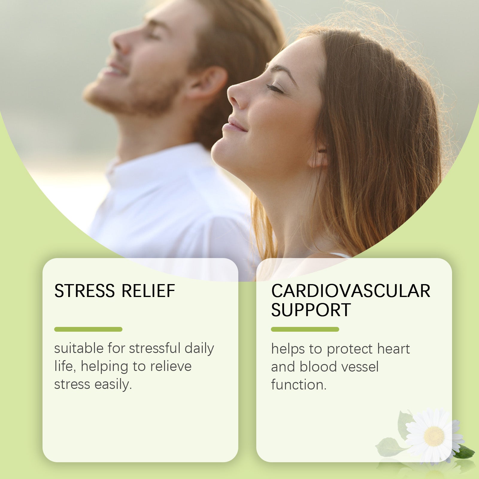 Peaceful couple breathing deeply outdoors with benefit cards stating 'Stress Relief' and 'Cardiovascular Support'