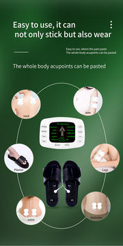 Full-body meridian therapy diagram showing electrode placement zones (neck, arms, legs, plantar, waist, abdomen) connected to central white control device on green background