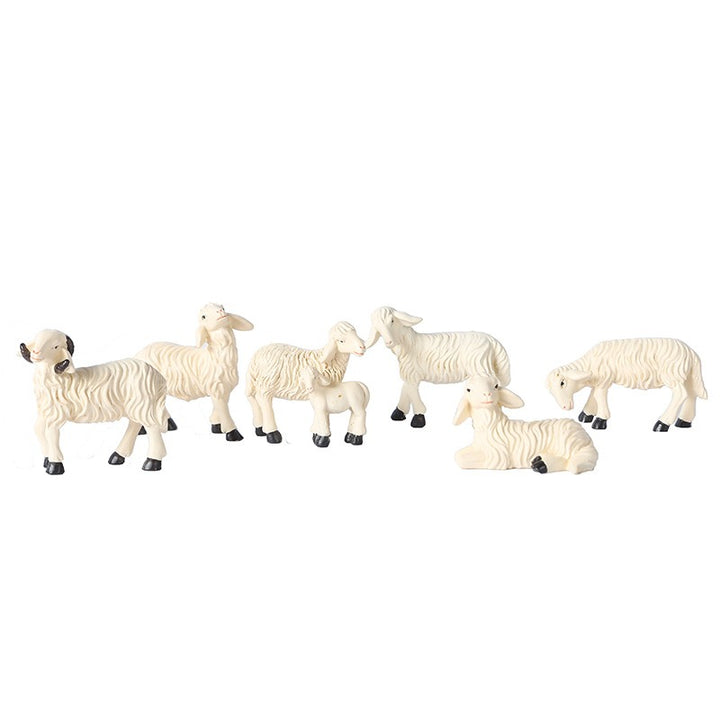 White Resin Sheep Figurine Set of 7 for Nativity Scenes