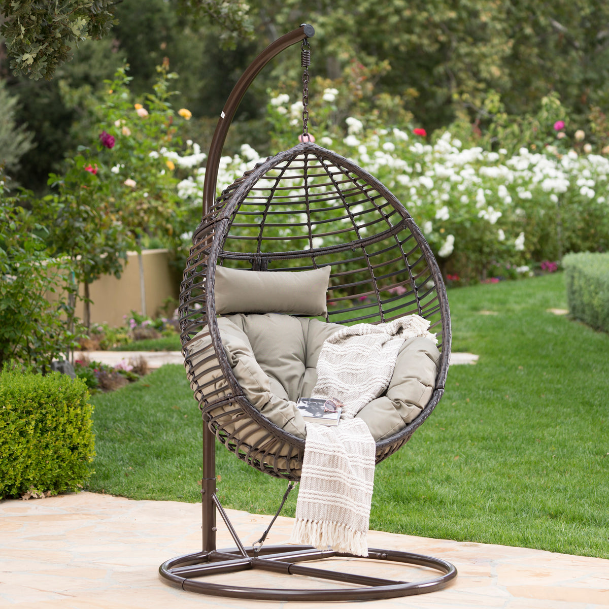Brown Wicker Egg Hanging Chair with Cushion for Patio