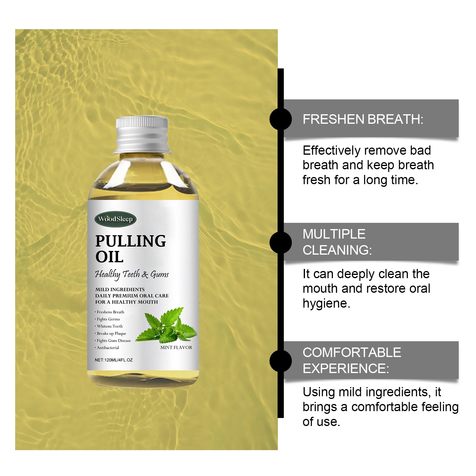 Close-up of bottle against golden textured background with three benefit sections: Freshen Breath, Multiple Cleaning, Comfortable Experience