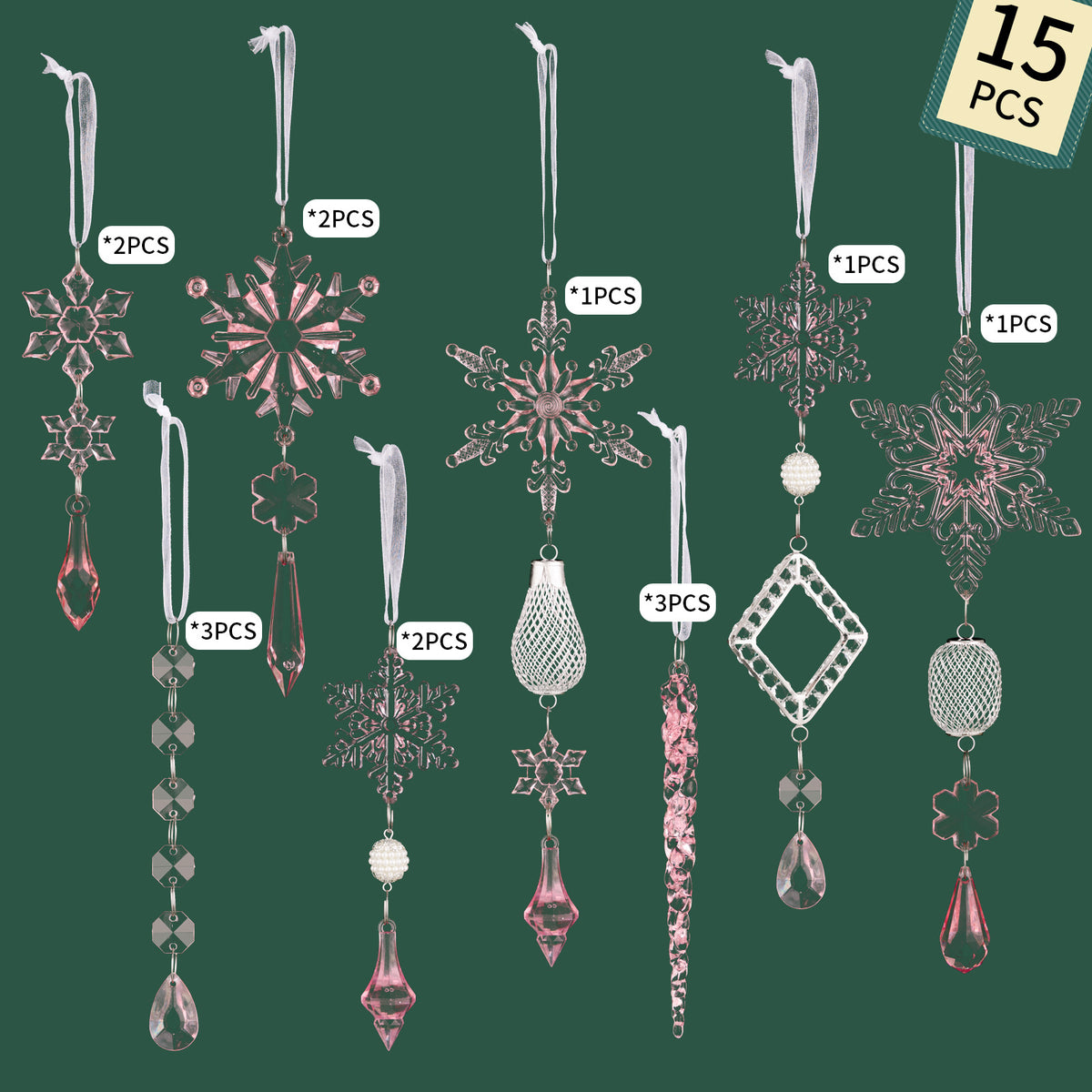 Christmas Tree Ornaments: 15-Piece Icy Sparkle Set