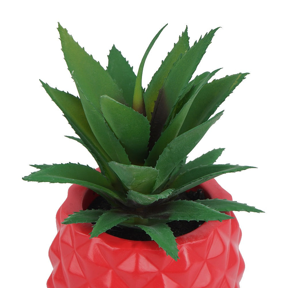 Red Pineapple Planter with Faux Agave for Desk Decor
