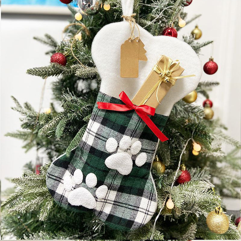Plaid Paw-Print Pet Christmas Stocking with Cuff