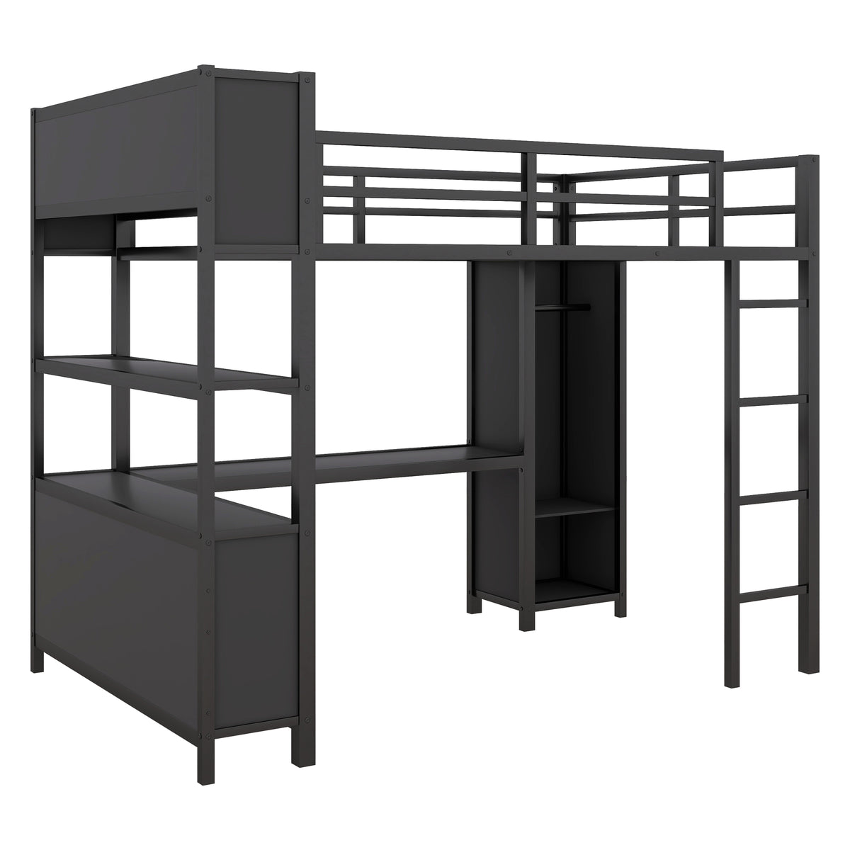Full-Size Metal Loft Bed with Desk, Wardrobe & Storage