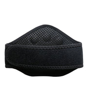 Black neoprene neck protector displayed at 3/4 angle showing contoured shape and perforated breathable interior
