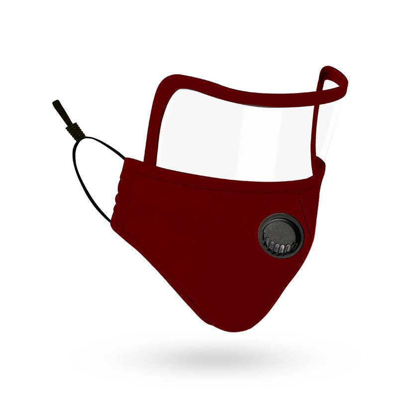 Deep burgundy red Lens Mask with integrated clear eye shield and black breathing valve on white background