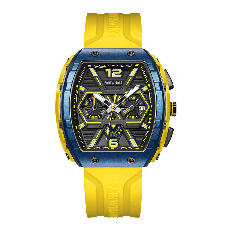 Men's Tonneau Quartz Watch, Three Subdials, Silicone Strap