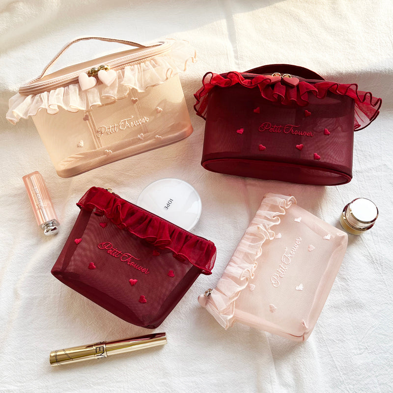 Sheer Mesh Makeup Bag with Lace Trim and Hearts
